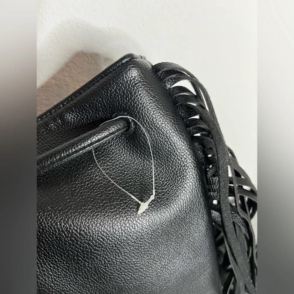 Victoria's Secret Fringe Bucket Bag Drawstring Black Faux Leather Large NWOT - Picture 3 of 16